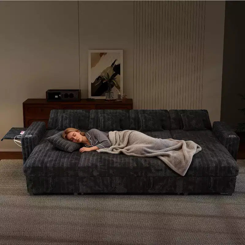 Divano letto a rigido MooxvMoo 122 a forma di U con contenitore, tavolino, porte USB e portabicchieri Jet, divano convertibile con letto estraibile, schienale regolabile