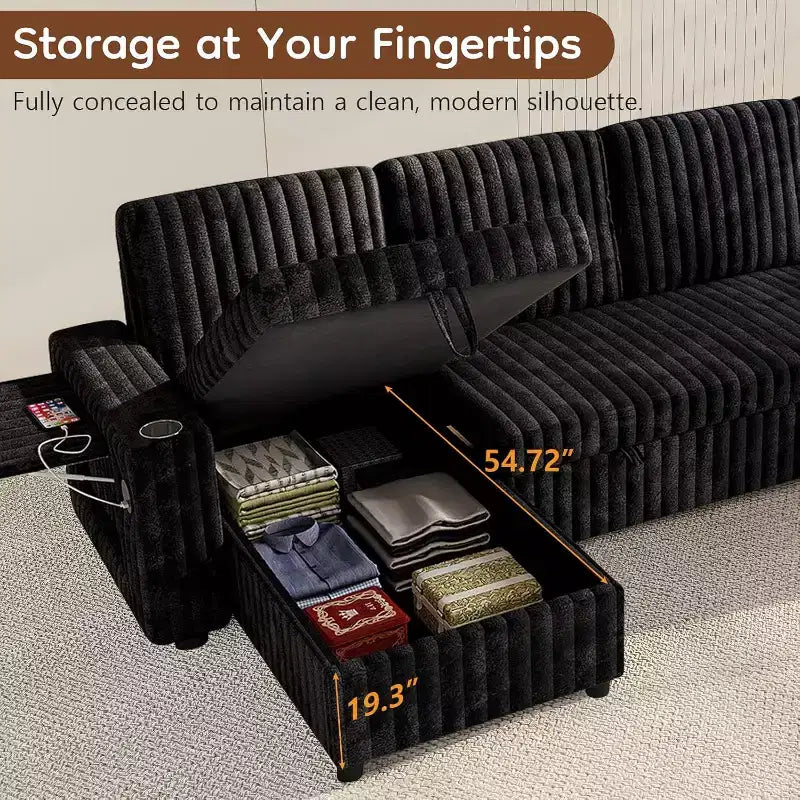 Divano letto a rigido MooxvMoo 122 a forma di U con contenitore, tavolino, porte USB e portabicchieri Jet, divano convertibile con letto estraibile, schienale regolabile