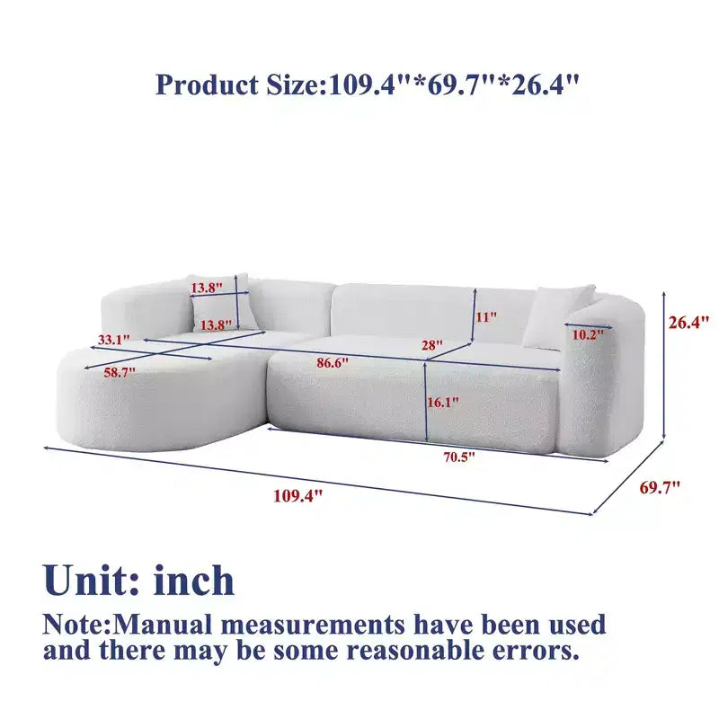 Divano componibile a L Clihome 109.4, chaise longue sinistra, divano Cloud in tessuto ciniglia con 2 cuscini