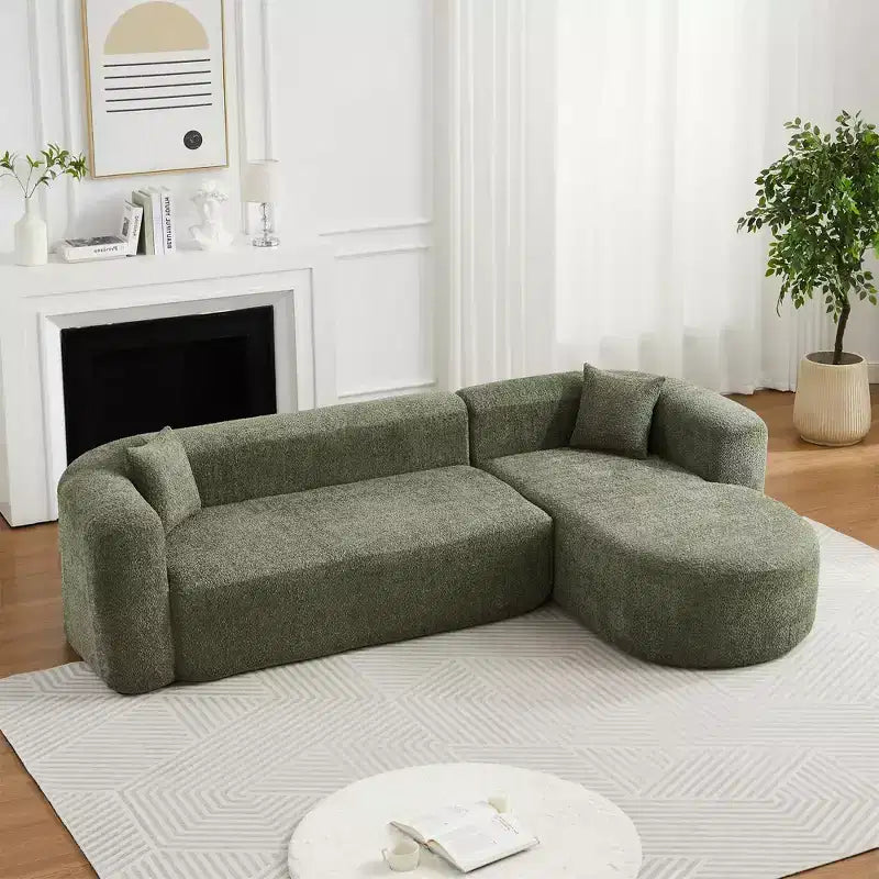 Divano sezionale modulare a L Clihome 109.4, chaise longue destra, in tessuto ciniglia, modello Cloud, con 2 cuscini