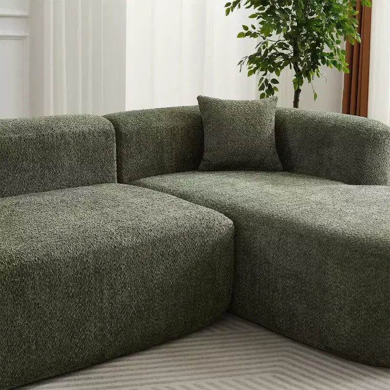 Divano sezionale modulare a L Clihome 109.4, chaise longue destra, in tessuto ciniglia, modello Cloud, con 2 cuscini