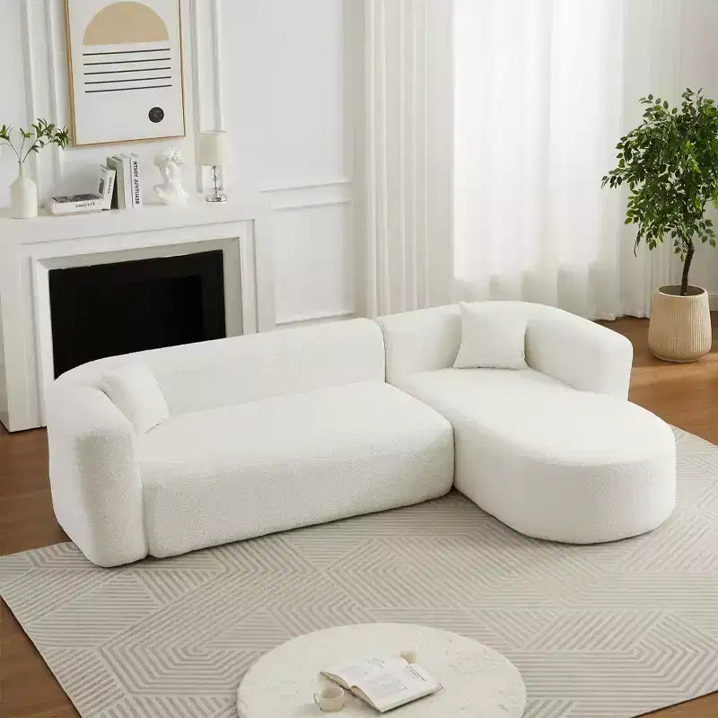 Divano sezionale modulare a L Clihome 109.4, chaise longue destra, in tessuto ciniglia, modello Cloud, con 2 cuscini