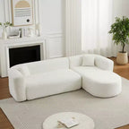 Divano sezionale modulare a L Clihome 109.4, chaise longue destra, in tessuto ciniglia, modello Cloud, con 2 cuscini