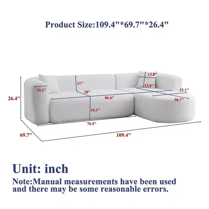 Divano sezionale modulare a L Clihome 109.4, chaise longue destra, in tessuto ciniglia, modello Cloud, con 2 cuscini