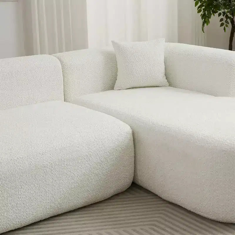Divano sezionale modulare a L Clihome 109.4, chaise longue destra, in tessuto ciniglia, modello Cloud, con 2 cuscini