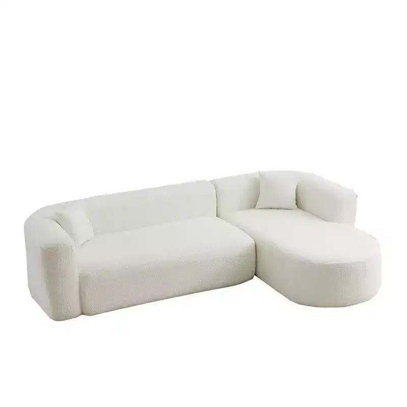 Divano sezionale modulare a L Clihome 109.4, chaise longue destra, in tessuto ciniglia, modello Cloud, con 2 cuscini