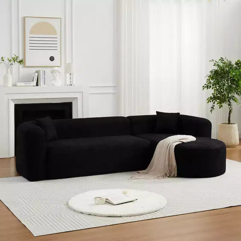 Divano sezionale modulare a L Clihome 109.4, chaise longue destra, in tessuto ciniglia, modello Cloud, con 2 cuscini
