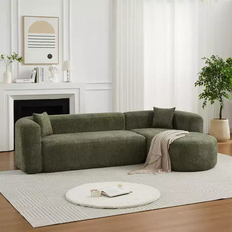 Divano sezionale modulare a L Clihome 109.4, chaise longue destra, in tessuto ciniglia, modello Cloud, con 2 cuscini