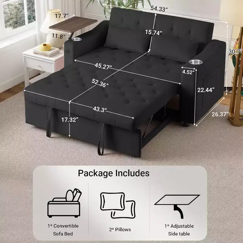 MooxvMoo Divano Letto Trasformabile 3 in 1, Divano Estraibile con Tavolino, Porte USB e Type-C, Divano Letto a Due Posti con Tasche Laterali, Nero