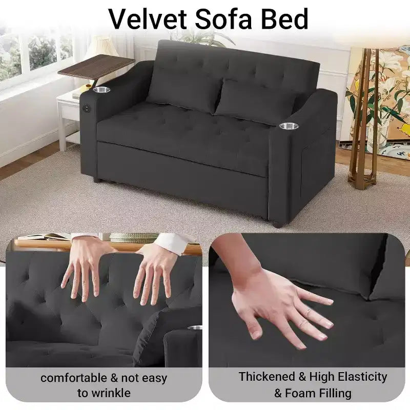 MooxvMoo Divano Letto Trasformabile 3 in 1, Divano Estraibile con Tavolino, Porte USB e Type-C, Divano Letto a Due Posti con Tasche Laterali, Nero