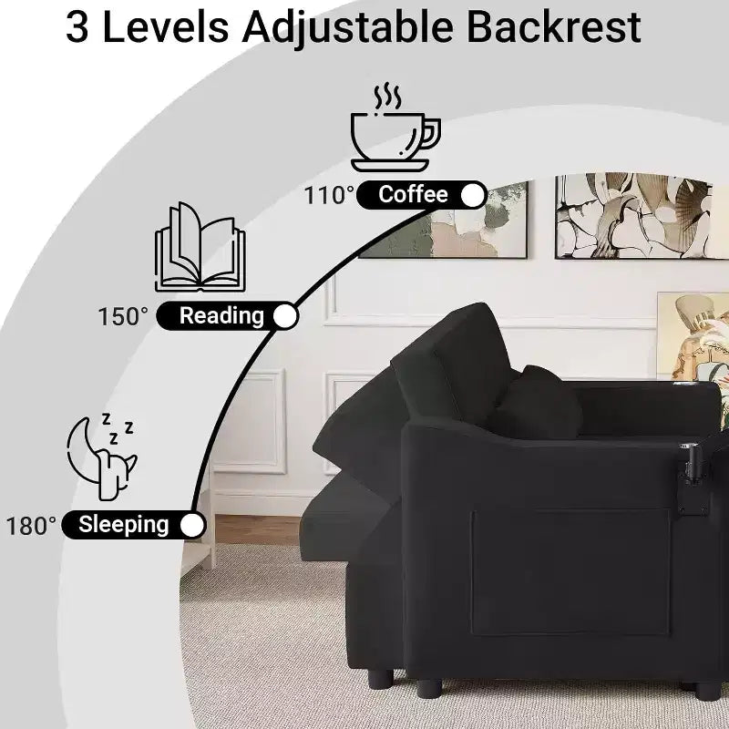 MooxvMoo Divano Letto Trasformabile 3 in 1, Divano Estraibile con Tavolino, Porte USB e Type-C, Divano Letto a Due Posti con Tasche Laterali, Nero