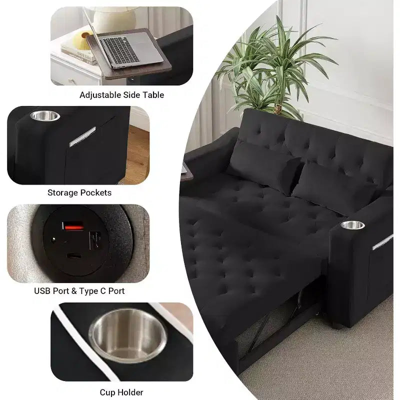 Canapé-lit convertible MooxvMoo 3 en 1, avec petite table, ports USB et Type-C, causeuse convertible avec poches latérales, noir