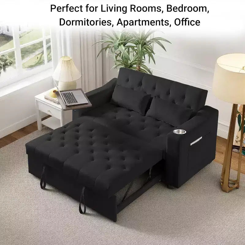 Canapé-lit convertible MooxvMoo 3 en 1, avec petite table, ports USB et Type-C, causeuse convertible avec poches latérales, noir