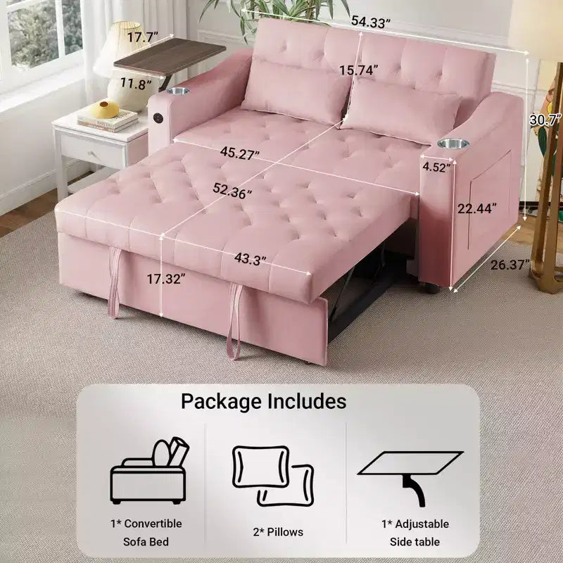 Canapé-lit convertible 3 en 1 MooxvMoo, canapé gigogne avec petite table, ports USB et Type-C, canapé-lit deux places avec poches latérales, rose