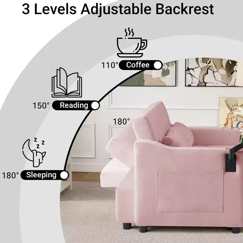 Canapé-lit convertible 3 en 1 MooxvMoo, canapé gigogne avec petite table, ports USB et Type-C, canapé-lit deux places avec poches latérales, rose
