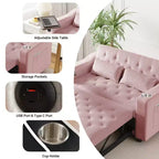 Canapé-lit convertible 3 en 1 MooxvMoo, canapé gigogne avec petite table, ports USB et Type-C, canapé-lit deux places avec poches latérales, rose