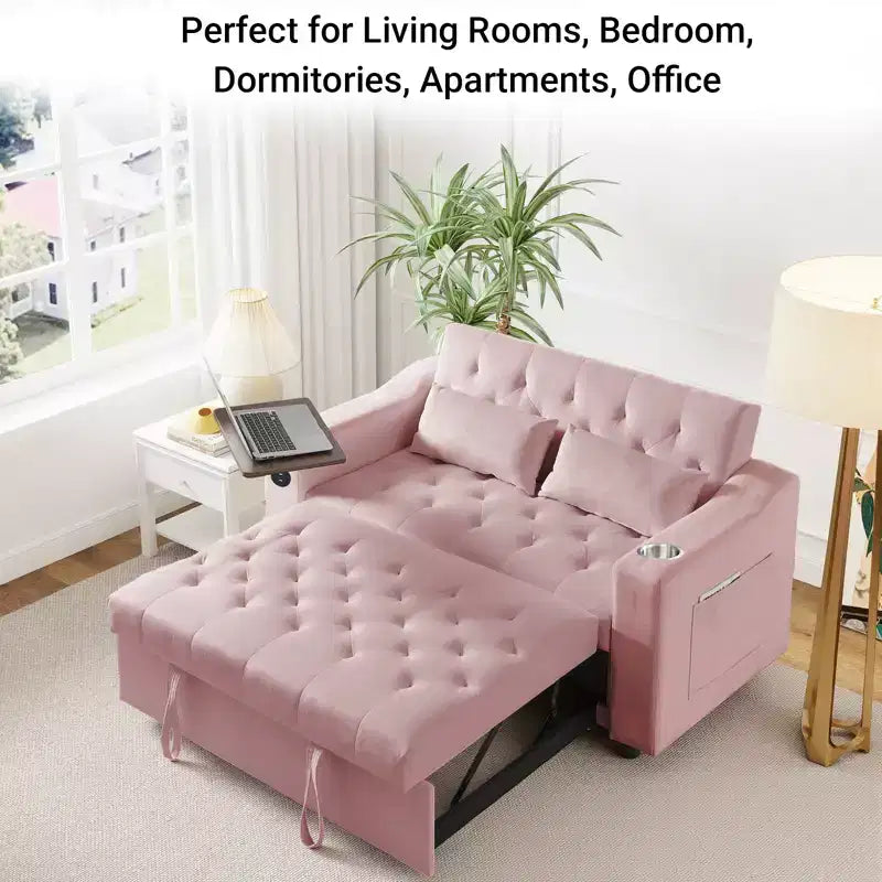 Canapé-lit convertible 3 en 1 MooxvMoo, canapé gigogne avec petite table, ports USB et Type-C, canapé-lit deux places avec poches latérales, rose