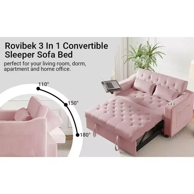 Canapé-lit convertible 3 en 1 MooxvMoo, canapé gigogne avec petite table, ports USB et Type-C, canapé-lit deux places avec poches latérales, rose