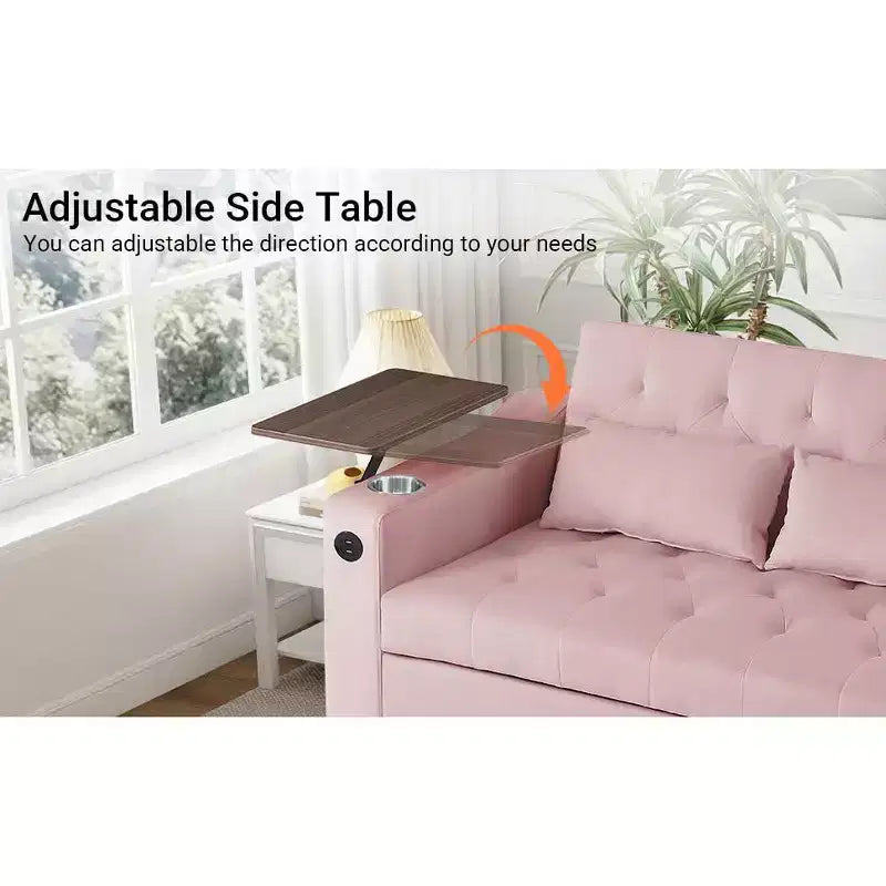Canapé-lit convertible 3 en 1 MooxvMoo, canapé gigogne avec petite table, ports USB et Type-C, canapé-lit deux places avec poches latérales, rose