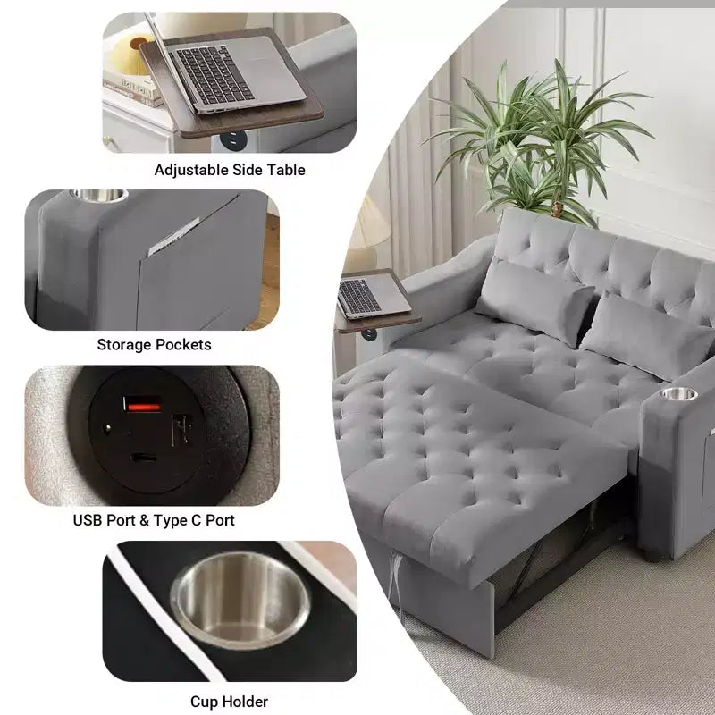 MooxvMoo Divano letto 3 in 1, divano estraibile convertibile con tavolino, porte USB e Type-C, divano letto a due posti con tasche laterali, grigio
