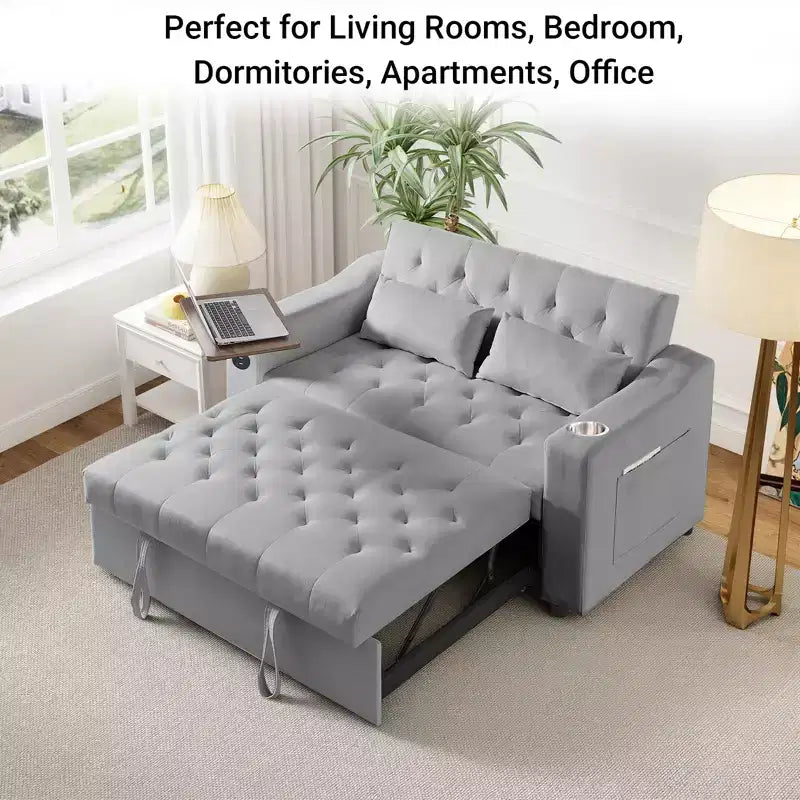 MooxvMoo Divano letto 3 in 1, divano estraibile convertibile con tavolino, porte USB e Type-C, divano letto a due posti con tasche laterali, grigio