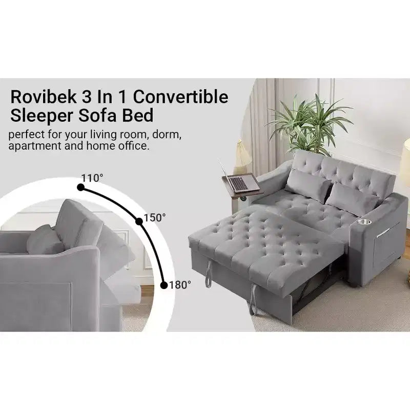MooxvMoo Divano letto 3 in 1, divano estraibile convertibile con tavolino, porte USB e Type-C, divano letto a due posti con tasche laterali, grigio