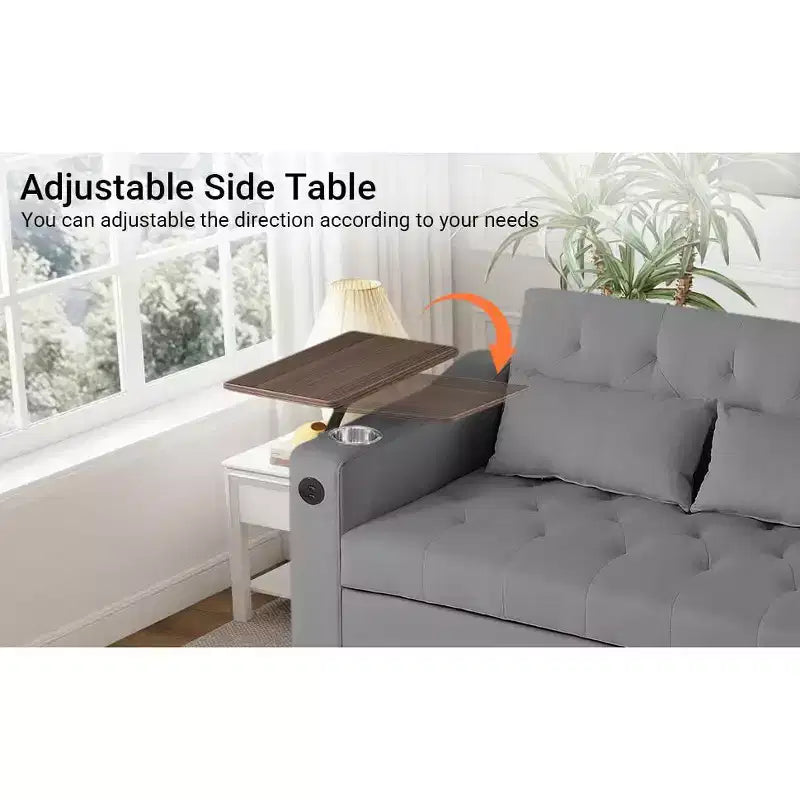 MooxvMoo Divano letto 3 in 1, divano estraibile convertibile con tavolino, porte USB e Type-C, divano letto a due posti con tasche laterali, grigio