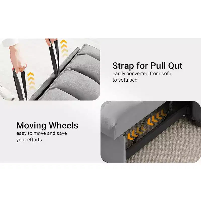 MooxvMoo Divano letto 3 in 1, divano estraibile convertibile con tavolino, porte USB e Type-C, divano letto a due posti con tasche laterali, grigio