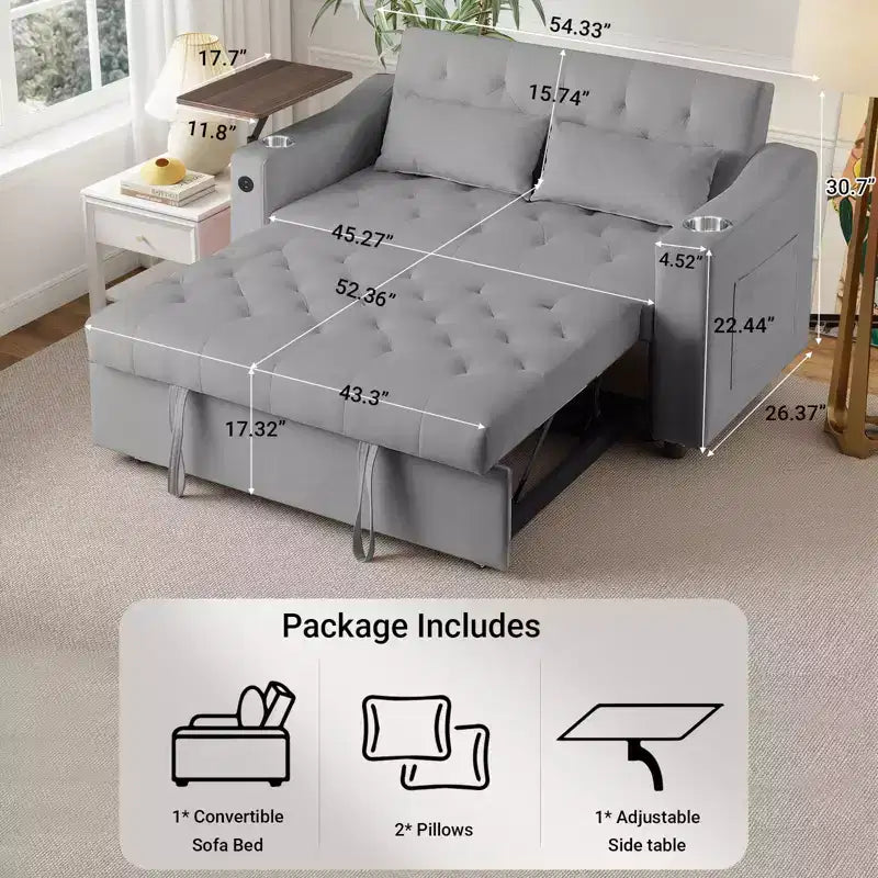 MooxvMoo Divano letto 3 in 1, divano estraibile convertibile con tavolino, porte USB e Type-C, divano letto a due posti con tasche laterali, grigio