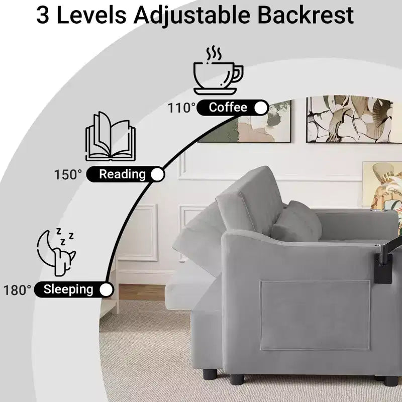 MooxvMoo Divano letto 3 in 1, divano estraibile convertibile con tavolino, porte USB e Type-C, divano letto a due posti con tasche laterali, grigio