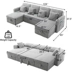 Canapé de jour en forme de U MooxvMoo 124 avec rangement, grand canapé convertible avec lit gigogne, dossier réglable, ports USB et porte-gobelets, gris