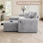 Canapé de jour en forme de U MooxvMoo 124 avec rangement, grand canapé convertible avec lit gigogne, dossier réglable, ports USB et porte-gobelets, gris