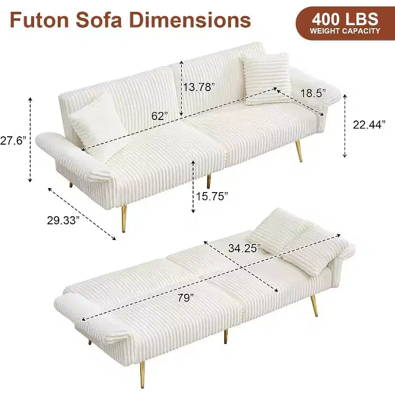 MooxvMoo Divano Letto Futon, Divano Letto Futon Convertibile con Schienale Regolabile, 2 Cuscini, Divanetto Futon in Velluto a Coste per Piccoli Spazi, Soggiorno, Bianco