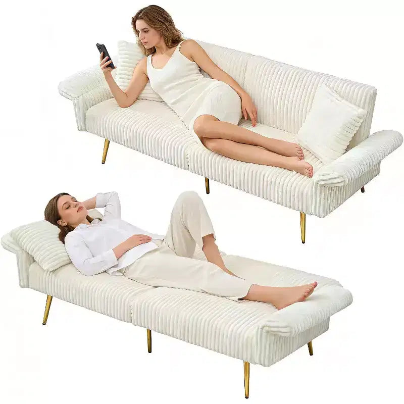 MooxvMoo Divano Letto Futon, Divano Letto Futon Convertibile con Schienale Regolabile, 2 Cuscini, Divanetto Futon in Velluto a Coste per Piccoli Spazi, Soggiorno, Bianco