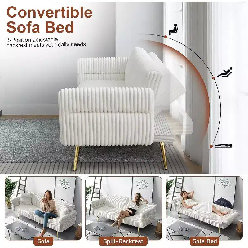 MooxvMoo Divano Letto Futon, Divano Letto Futon Convertibile con Schienale Regolabile, 2 Cuscini, Divanetto Futon in Velluto a Coste per Piccoli Spazi, Soggiorno, Bianco