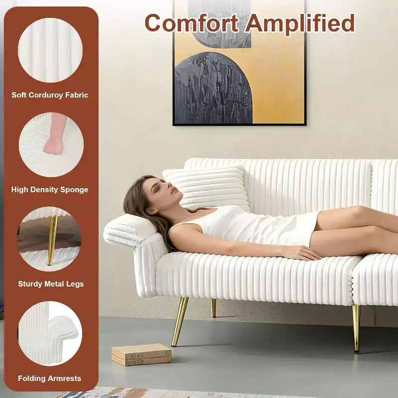 MooxvMoo Divano Letto Futon, Divano Letto Futon Convertibile con Schienale Regolabile, 2 Cuscini, Divanetto Futon in Velluto a Coste per Piccoli Spazi, Soggiorno, Bianco