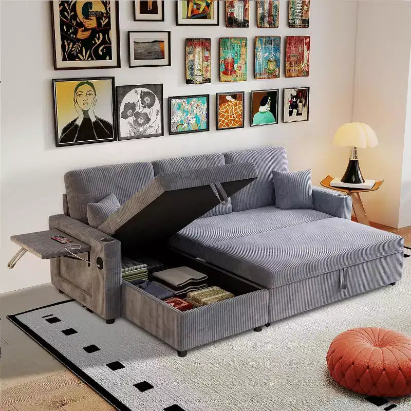 MooxvMoo 83 Convertible Sofa Bed Couch with Storage & USB Port, 4 in 1 L Shaped Sofa with Pull Out Couch Bed, Side Table, Cup Holder,Grey