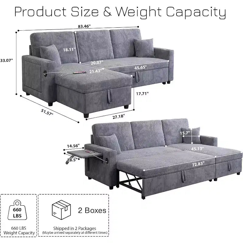 MooxvMoo 83 Divano Letto Convertibile con Contenitore e Porta USB, Divano a L 4 in 1 con Letto Estraibile, Tavolino, Portabicchieri, Grigio