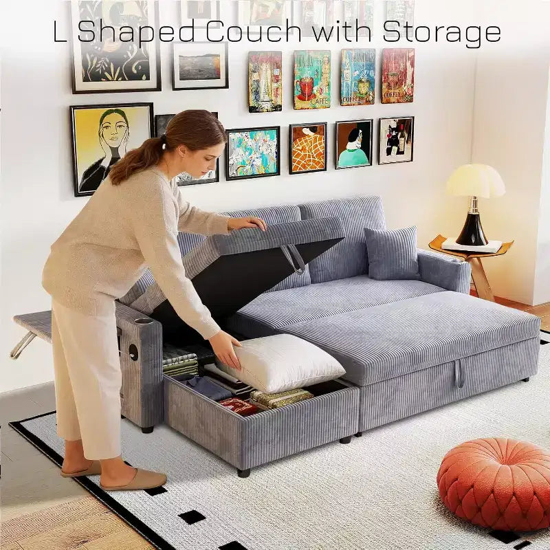 MooxvMoo 83 Divano Letto Convertibile con Contenitore e Porta USB, Divano a L 4 in 1 con Letto Estraibile, Tavolino, Portabicchieri, Grigio