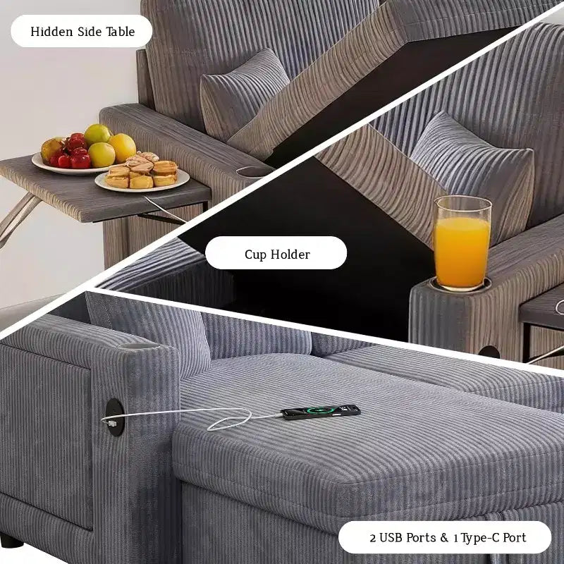 MooxvMoo 83 Divano Letto Convertibile con Contenitore e Porta USB, Divano a L 4 in 1 con Letto Estraibile, Tavolino, Portabicchieri, Grigio