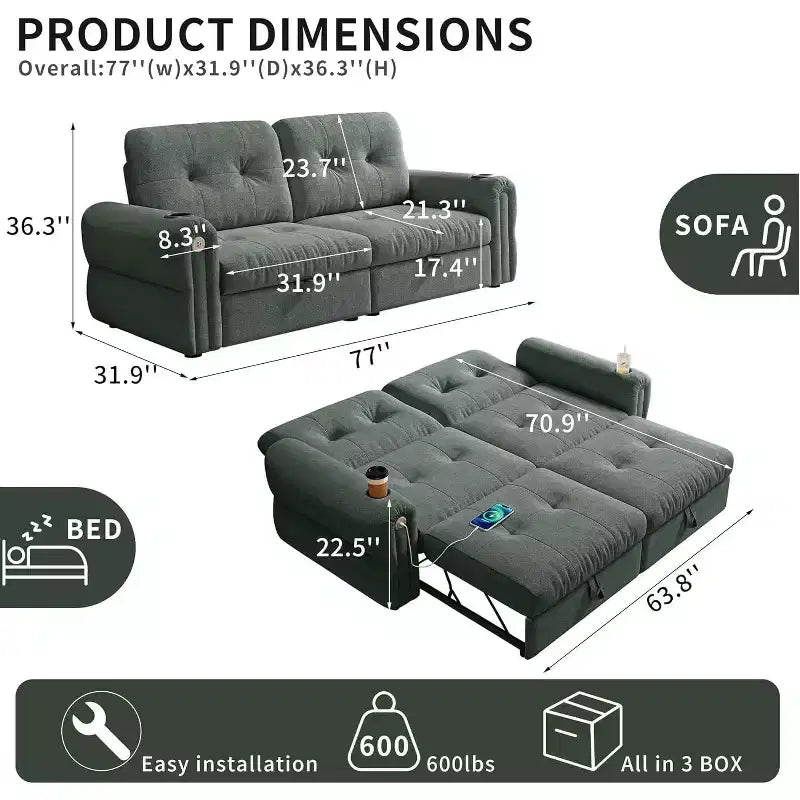 MooxvMoo 77 Moderno Divano Letto Convertibile in ciniglia, Divano Estraibile con Porta di Ricarica USB e Portabicchieri, Schienale Regolabile, Tasche Laterali, Verde
