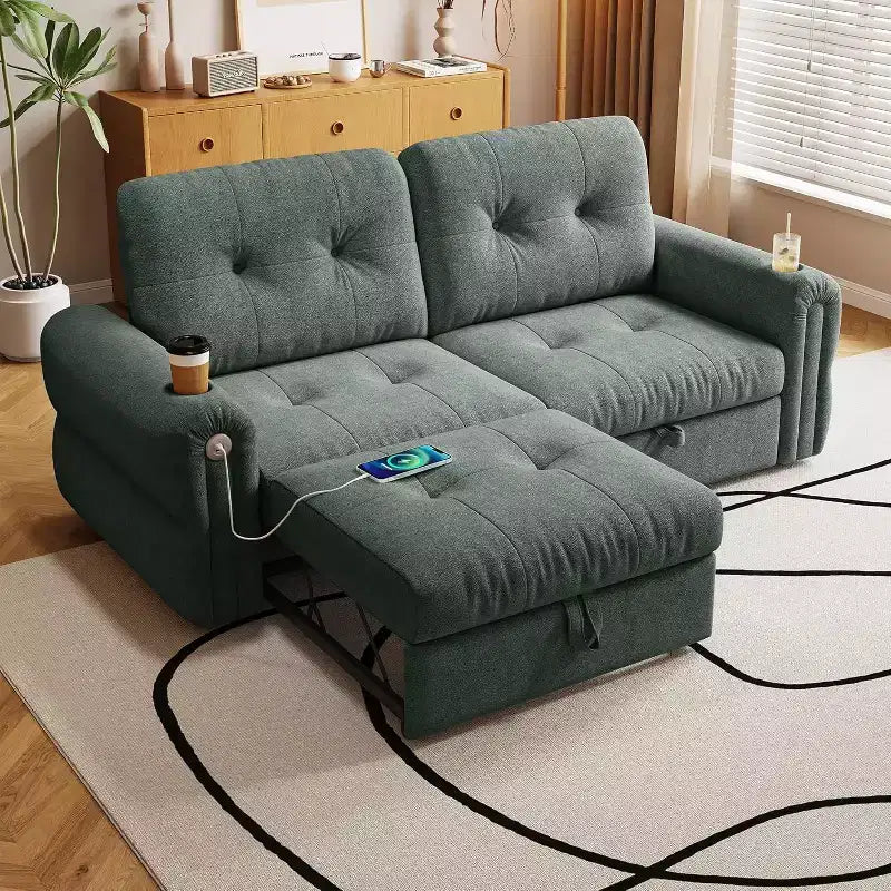 MooxvMoo 77 Moderno Divano Letto Convertibile in ciniglia, Divano Estraibile con Porta di Ricarica USB e Portabicchieri, Schienale Regolabile, Tasche Laterali, Verde