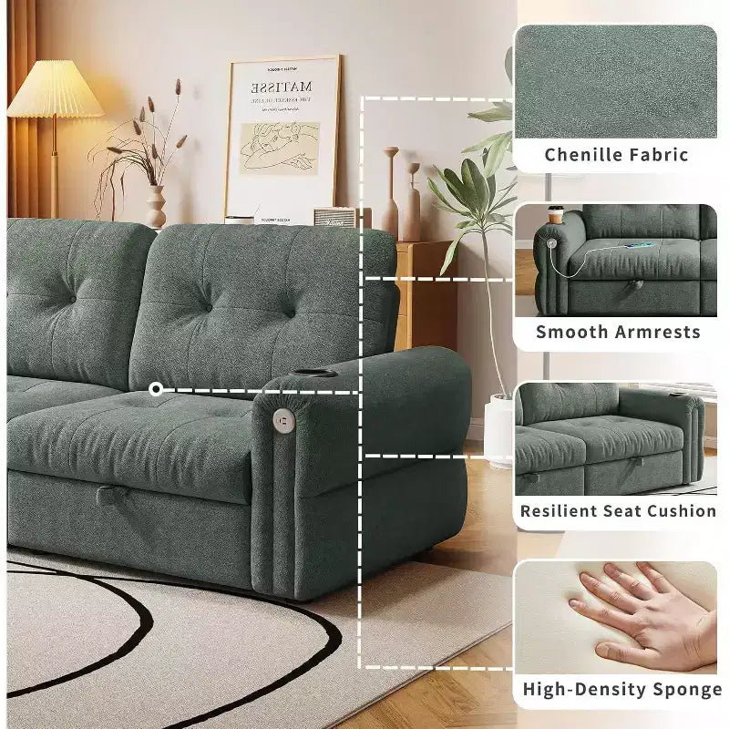MooxvMoo 77 Moderno Divano Letto Convertibile in ciniglia, Divano Estraibile con Porta di Ricarica USB e Portabicchieri, Schienale Regolabile, Tasche Laterali, Verde