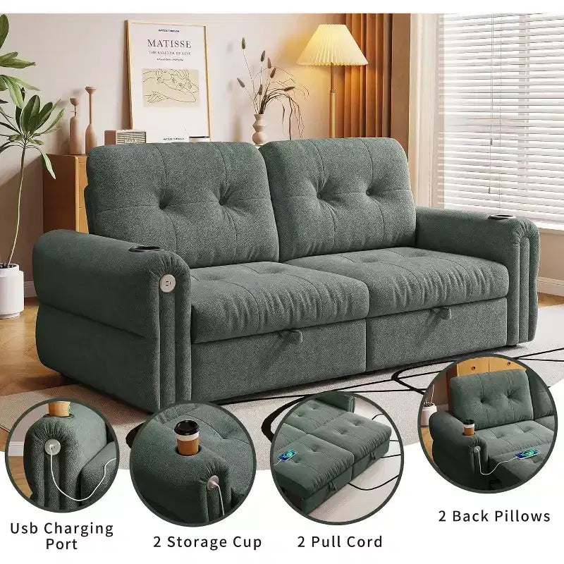 MooxvMoo 77 Moderno Divano Letto Convertibile in ciniglia, Divano Estraibile con Porta di Ricarica USB e Portabicchieri, Schienale Regolabile, Tasche Laterali, Verde