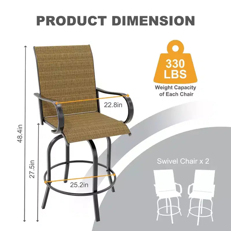 Lot de 2 tabourets de bar pivotants d'extérieur toutes saisons – Chaises de terrasse à dossier haut avec accoudoirs, hauteur comptoir pour terrasse, patio ou jardin
