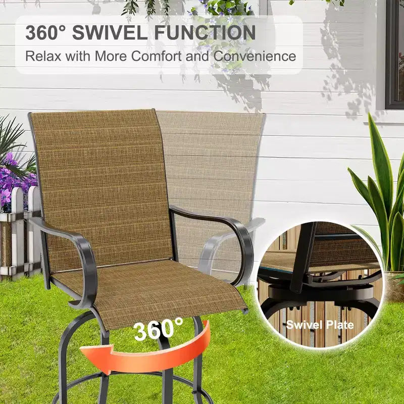 Lot de 2 tabourets de bar pivotants d'extérieur toutes saisons – Chaises de terrasse à dossier haut avec accoudoirs, hauteur comptoir pour terrasse, patio ou jardin