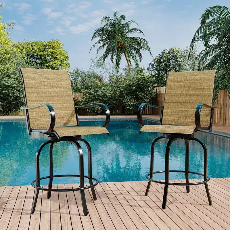 Lot de 2 tabourets de bar pivotants d'extérieur toutes saisons – Chaises de terrasse à dossier haut avec accoudoirs, hauteur comptoir pour terrasse, patio ou jardin