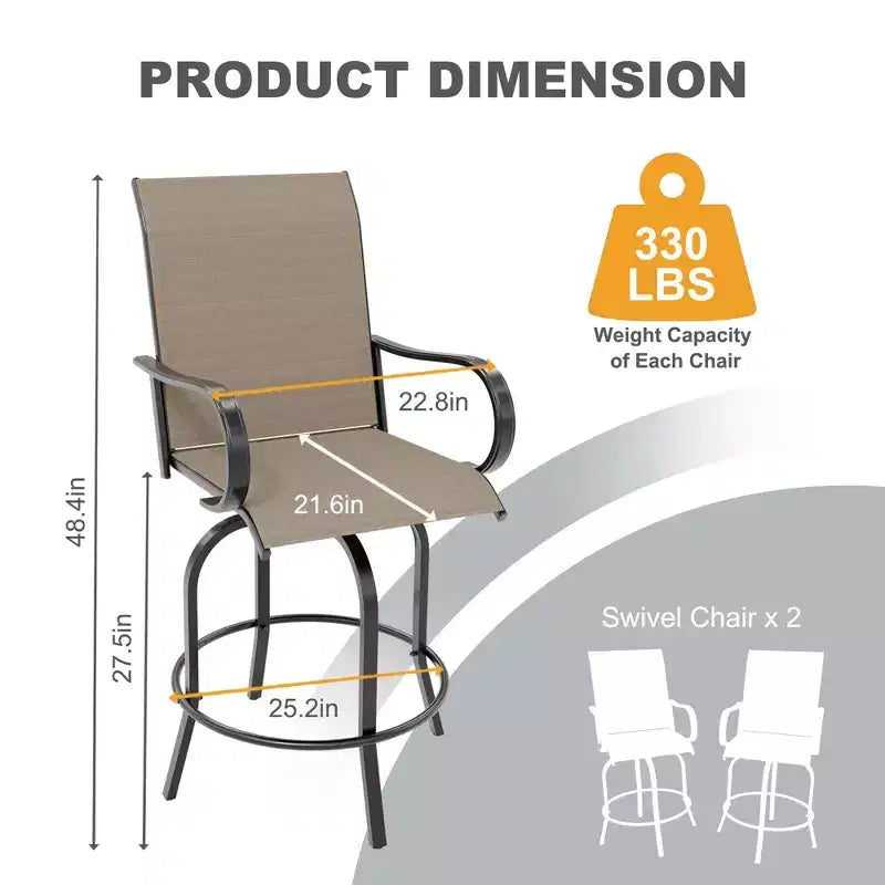 Lot de 2 tabourets de bar pivotants d'extérieur toutes saisons – Chaises de terrasse à dossier haut avec accoudoirs, hauteur comptoir pour terrasse, patio ou jardin