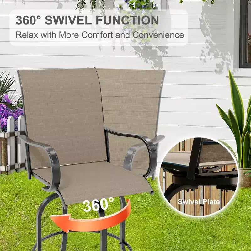 Lot de 2 tabourets de bar pivotants d'extérieur toutes saisons – Chaises de terrasse à dossier haut avec accoudoirs, hauteur comptoir pour terrasse, patio ou jardin