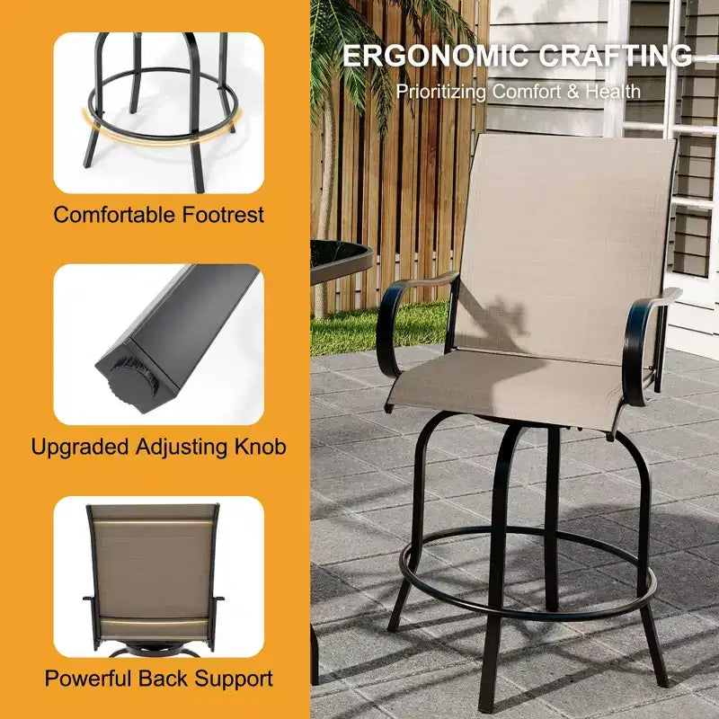 Lot de 2 tabourets de bar pivotants d'extérieur toutes saisons – Chaises de terrasse à dossier haut avec accoudoirs, hauteur comptoir pour terrasse, patio ou jardin